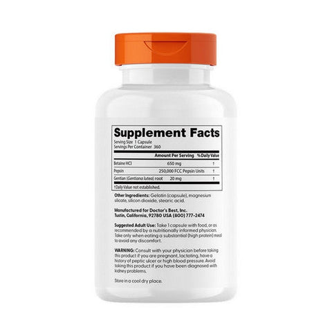 Doctors Best, Betaine HCl Pepsin & Gentian Bitters, 360 Caps