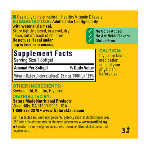 Nature Made, Nature Made D3 Liquid Softgels, 1000 IU, 100 Caps Nature Made