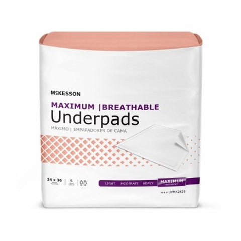 Underpad McKesson Maximum Breathable 24 X 36 Inch Disposable Fluff / Polymer Maximum Absorbency Count of 5 by McKesson